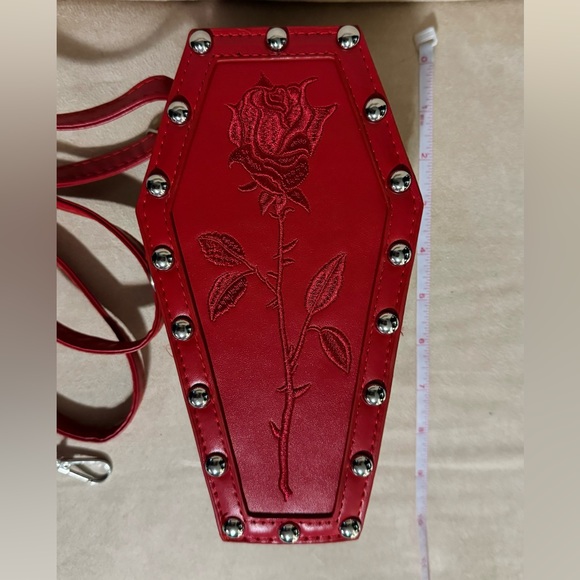 ๐ Red Coffin Crossbody Purse Bag with silver studs. ~9โ tall & ~3โ depth - Picture 4 of 10